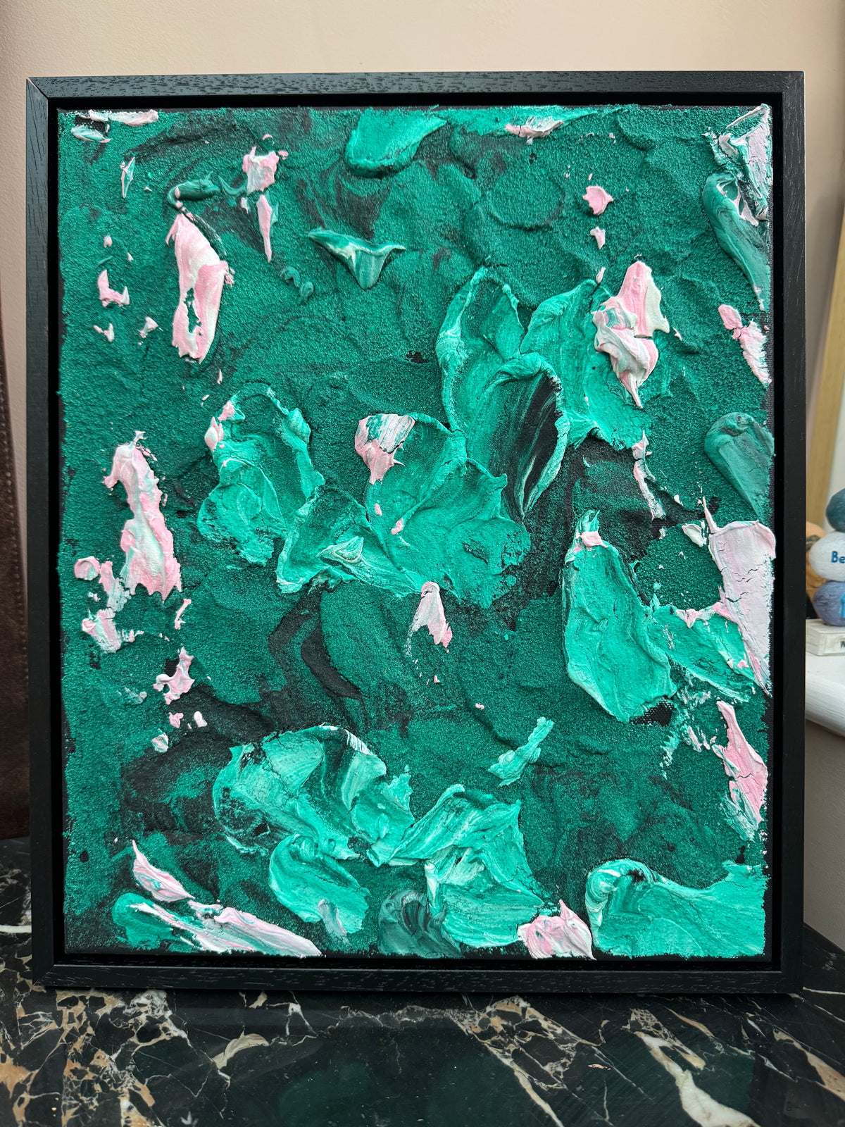 Framed in black textured Original Contemporary Abstract Oil Painting On Canvas 35x41cm Garden Love II