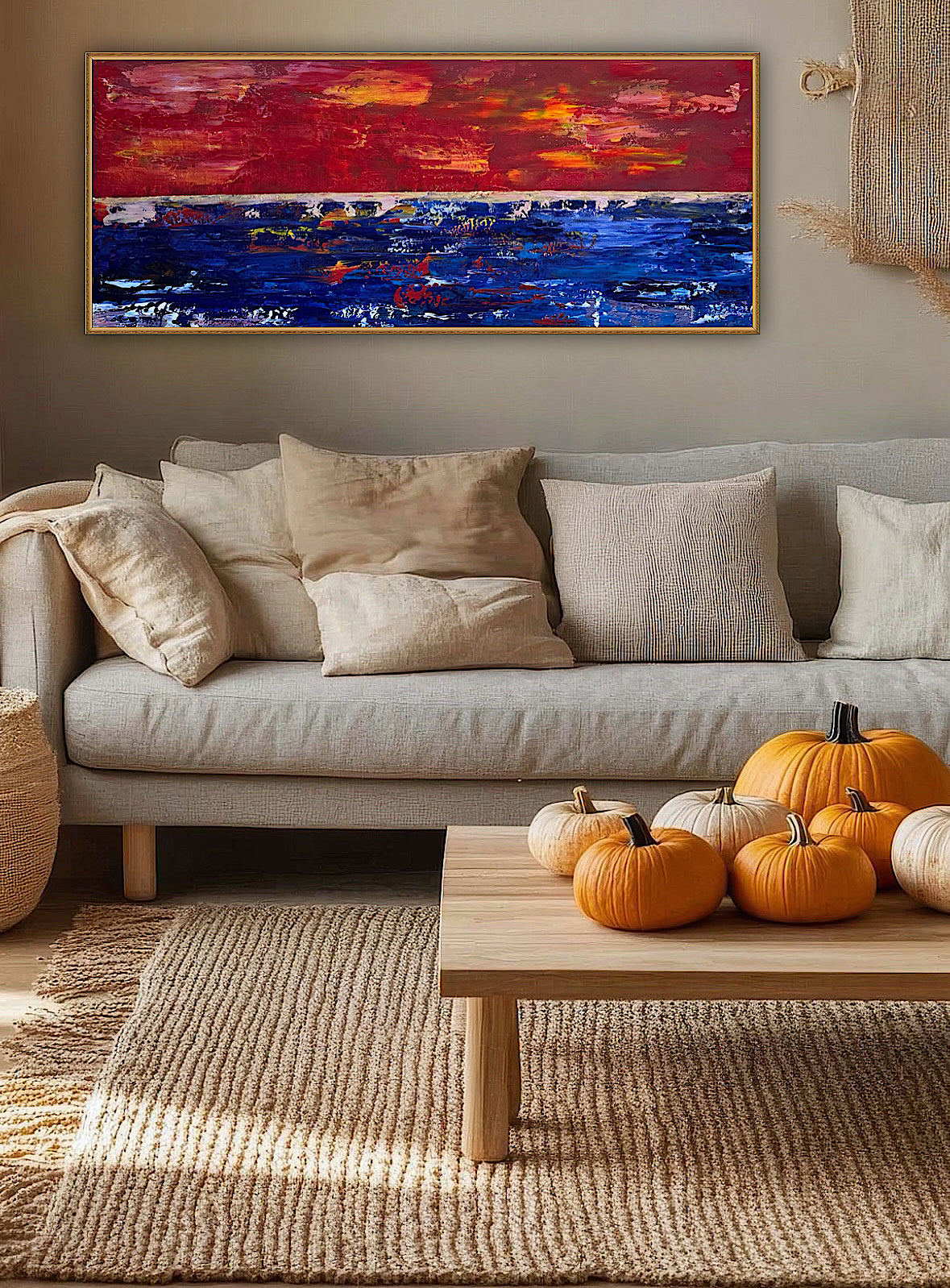 Abstract original Oil Painting On Canvas ‘Orange horizon’ 120cm X 50cm textured landscape