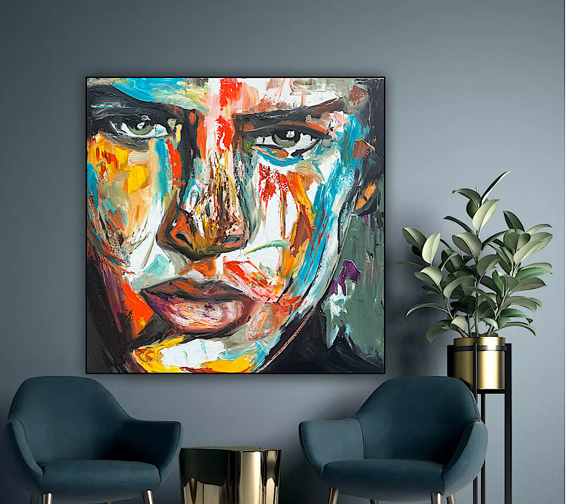 Original Abstract mixed media oil Painting On Canvas 50x50cm male portrait ‘Fernando’ oka