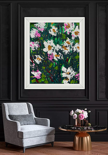 Original Abstract Oil Painting On Canvas board 60 x 50cm garden white flowers I Oka
