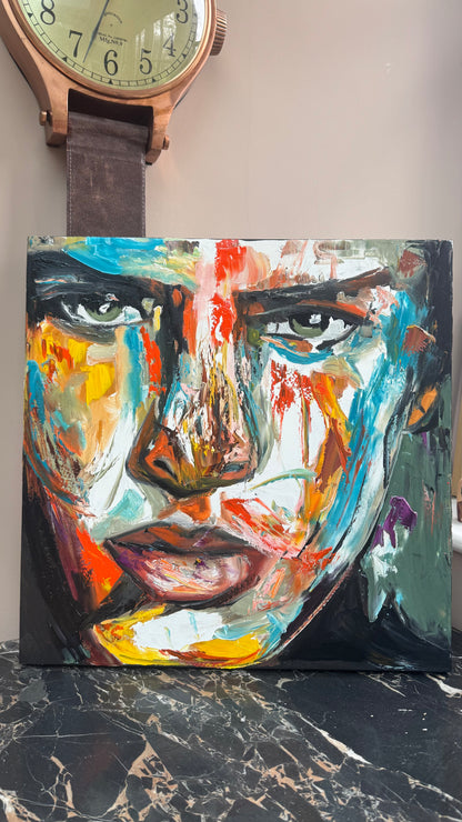 Original Abstract mixed media oil Painting On Canvas 50x50cm male portrait ‘Fernando’ oka