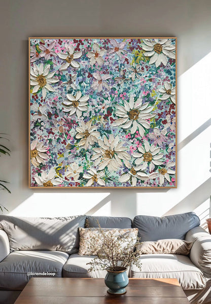 Original Abstract Oil Painting On deep edge Canvas 80x80cm Summer Flowers and more Flowers Textured
