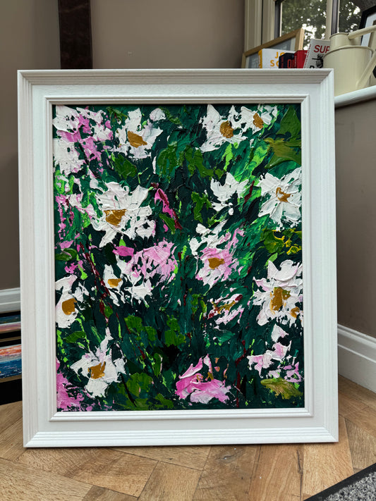 Original Abstract Oil Painting On Canvas framed 60 x 50cm garden white flowers II Oka