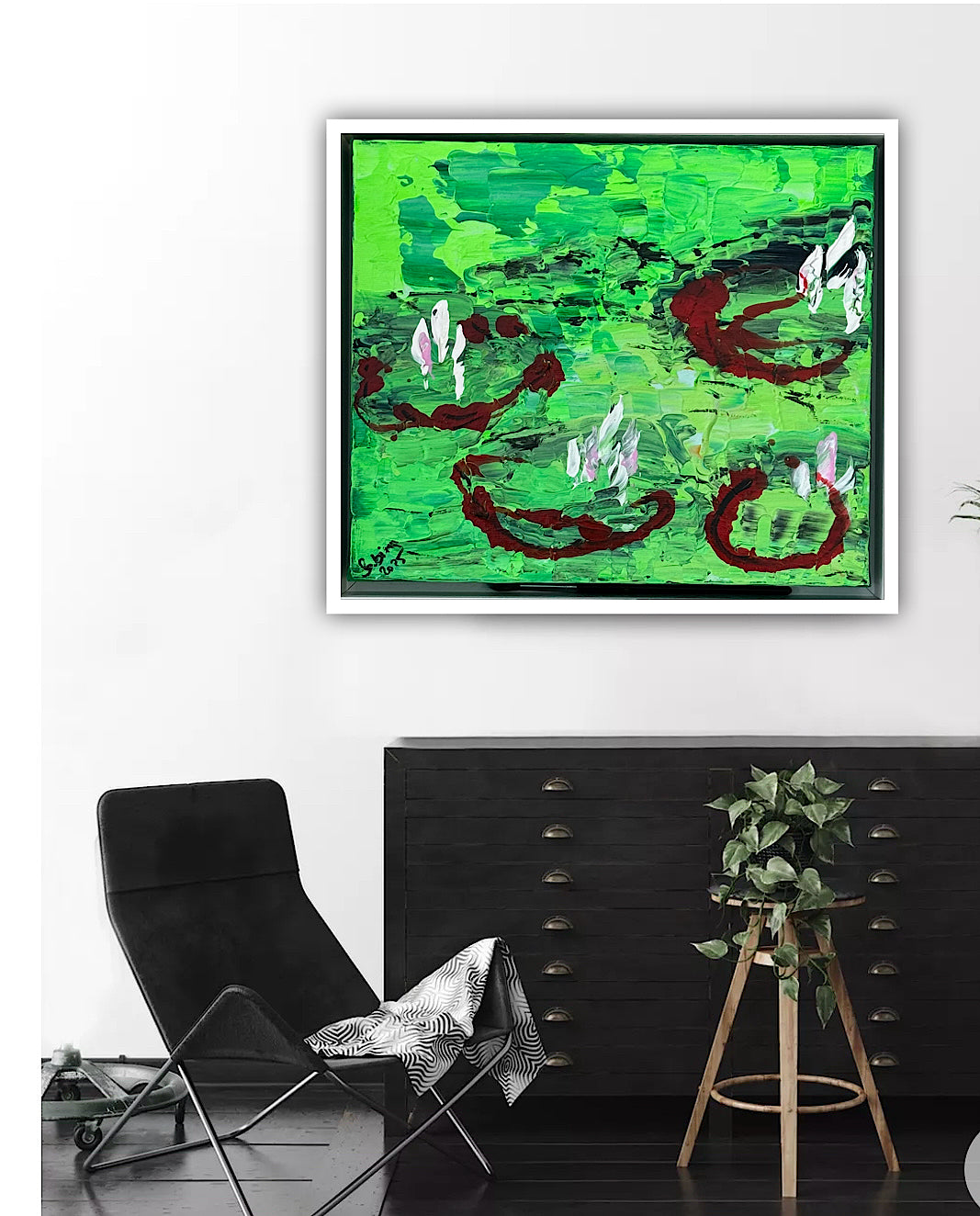 Framed Original Abstract contemporary Oil Painting On Canvas 36 x 33cm  Lily Pond oka