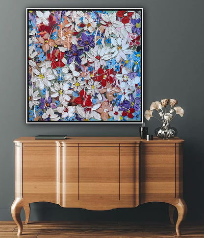 Framed Original Abstract Oil Painting On Canvas 80x80cm Roses & more Flowers Textured