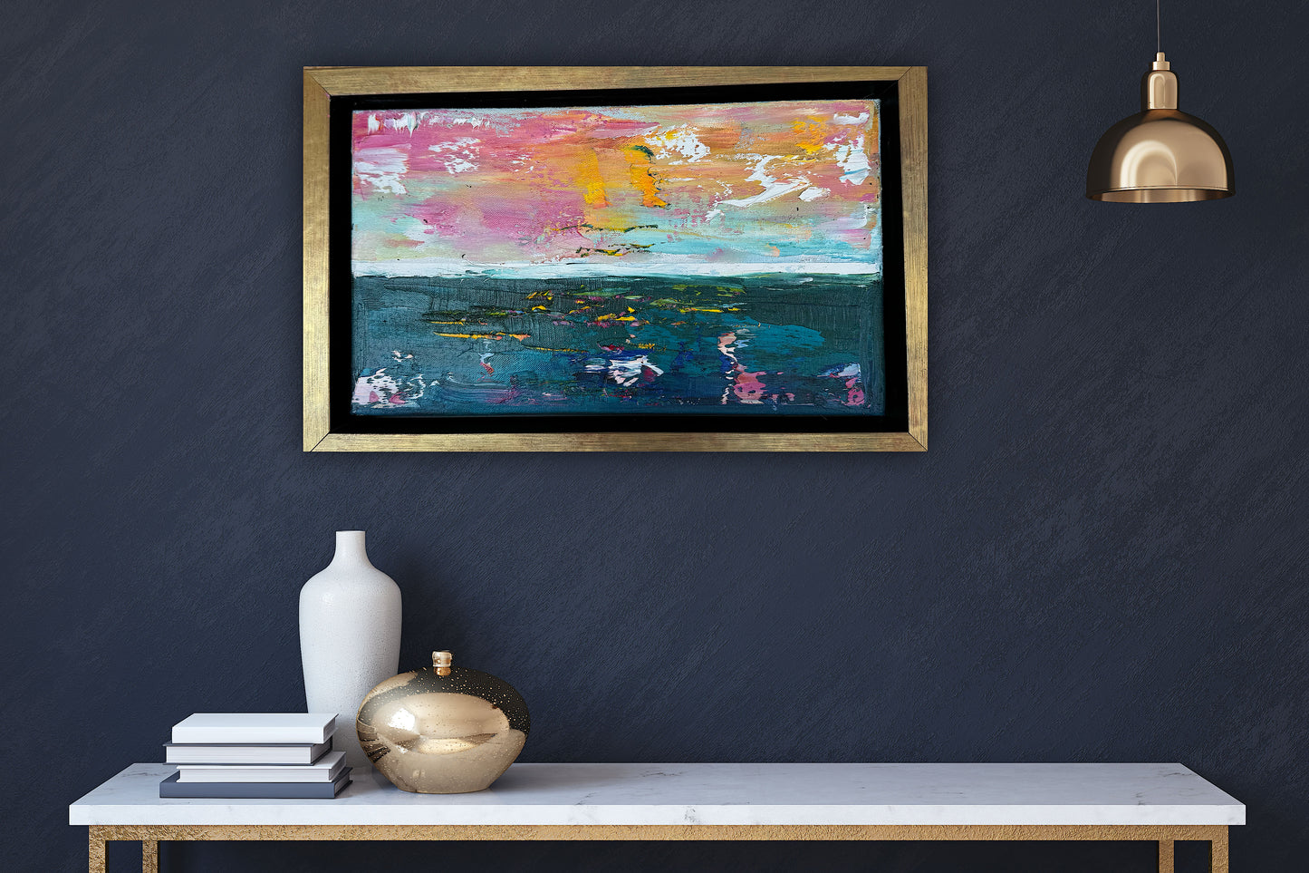 Framed in gold Original Abstract contemporary Oil Painting On Canvas 36x23cm textured Rose Gold sea