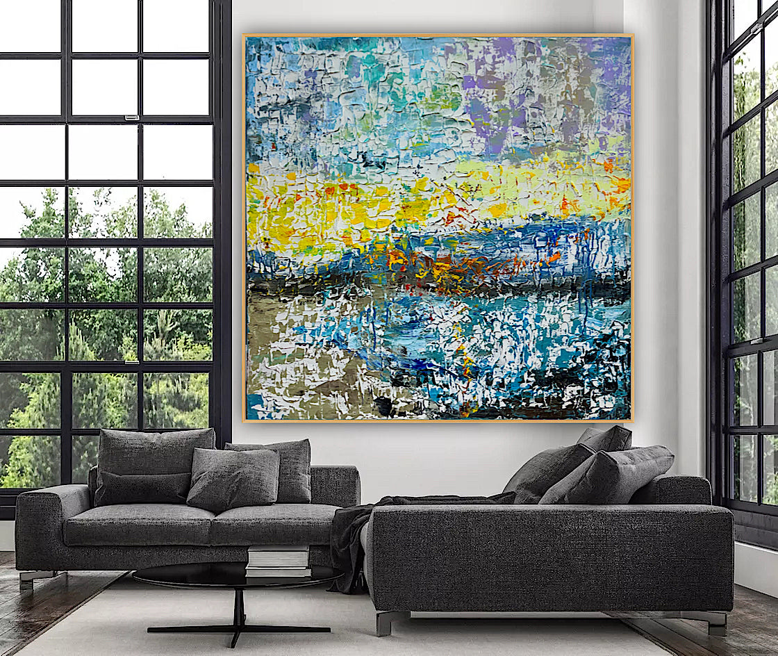 Original Abstract Oil Painting On Canvas Textured 100x100cm  Tides of Radiance (seaside)