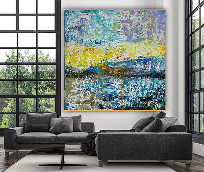 Original Abstract Oil Painting On Canvas Textured 100x100cm  Tides of Radiance (seaside)