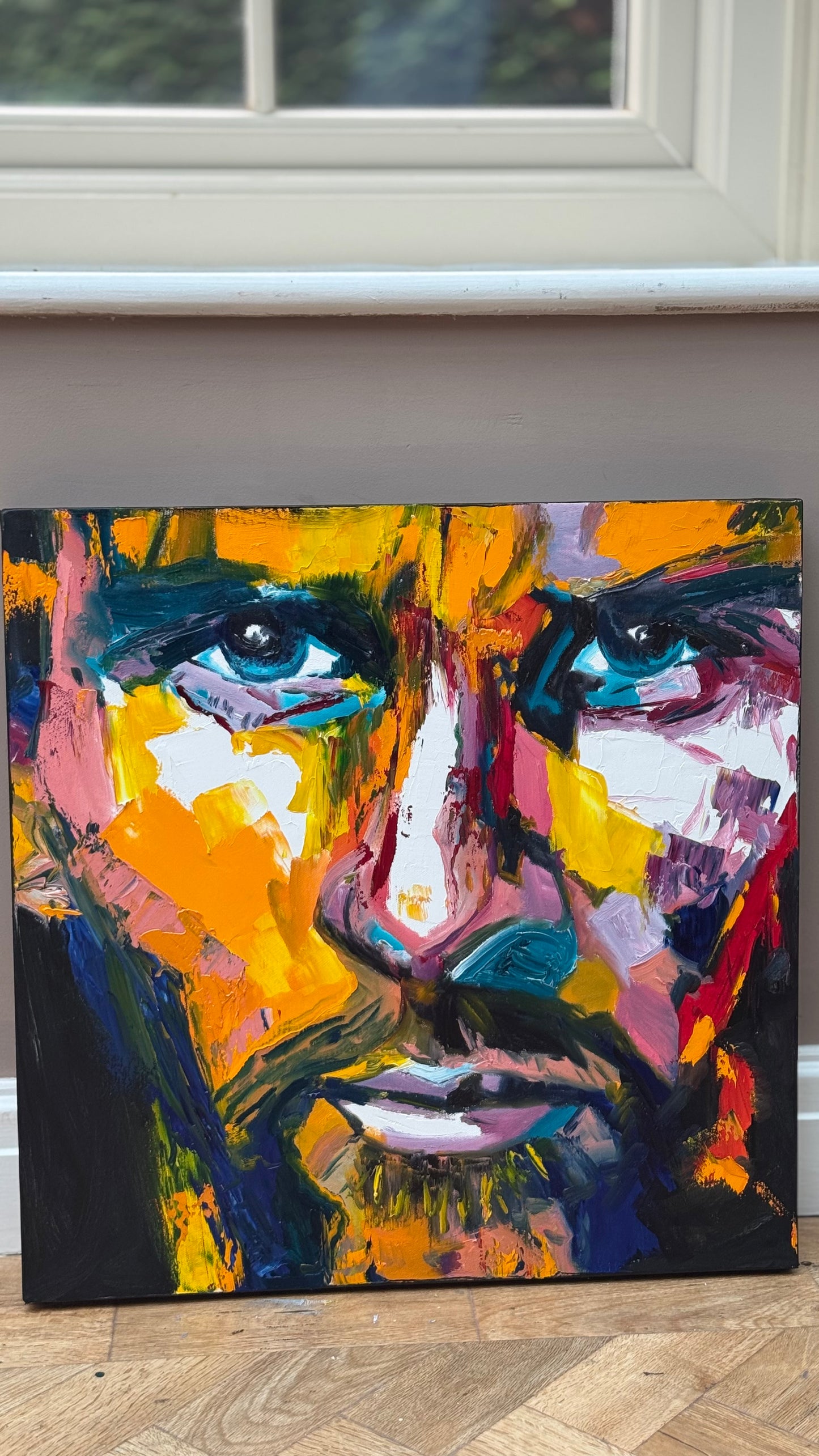 Original Abstract mixed media oil Painting On Canvas 50x50cm male portrait ‘Alejandro’ oka