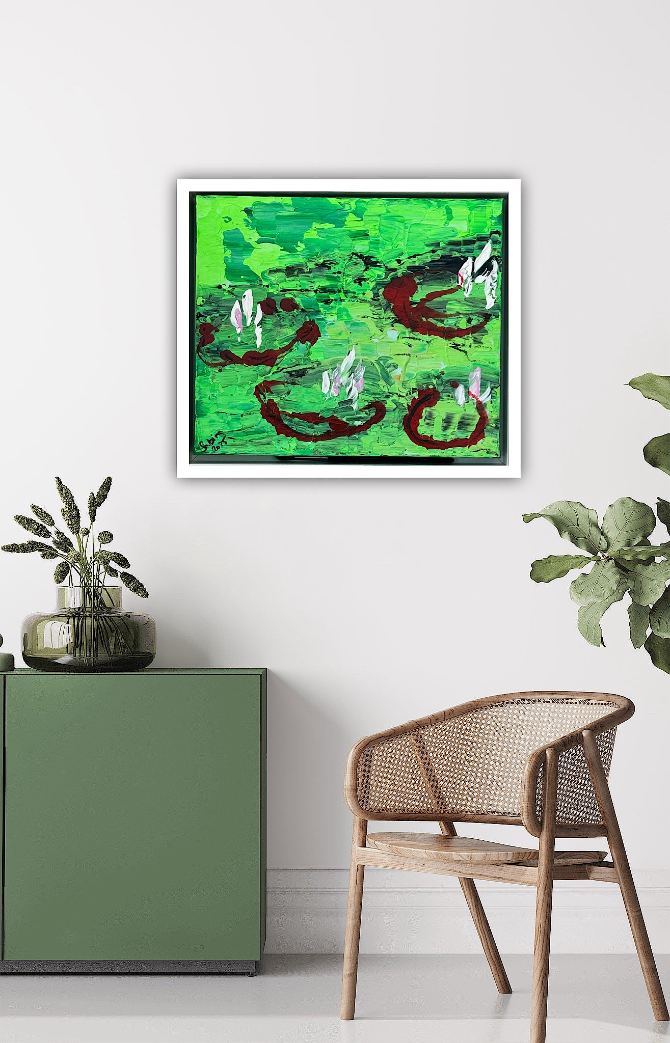 Framed Original Abstract contemporary Oil Painting On Canvas 36 x 33cm  Lily Pond oka