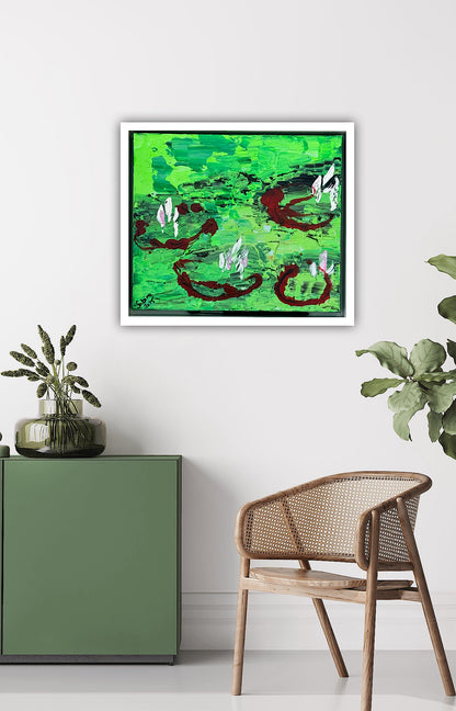 Framed Original Abstract contemporary Oil Painting On Canvas 36 x 33cm  Lily Pond oka