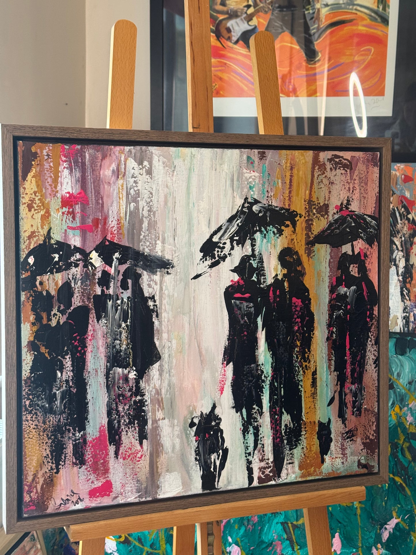 Original Abstract contemporary Oil Painting On Canvas 64cm x 60cm London in the Rain Framed in dark oak