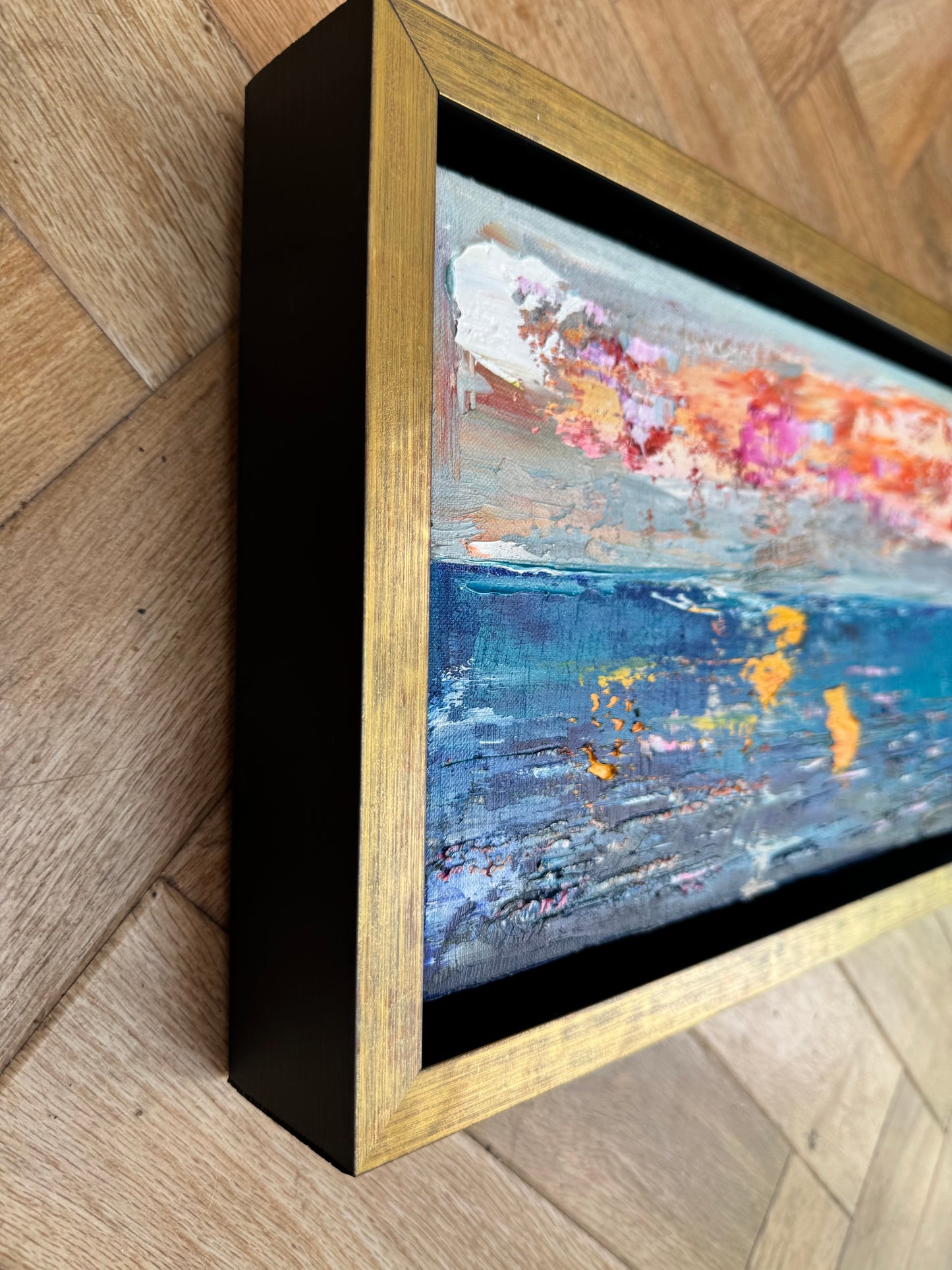 Framed in gold Original Abstract contemporary Oil Painting On Canvas 36x23cm textured Golden Tide