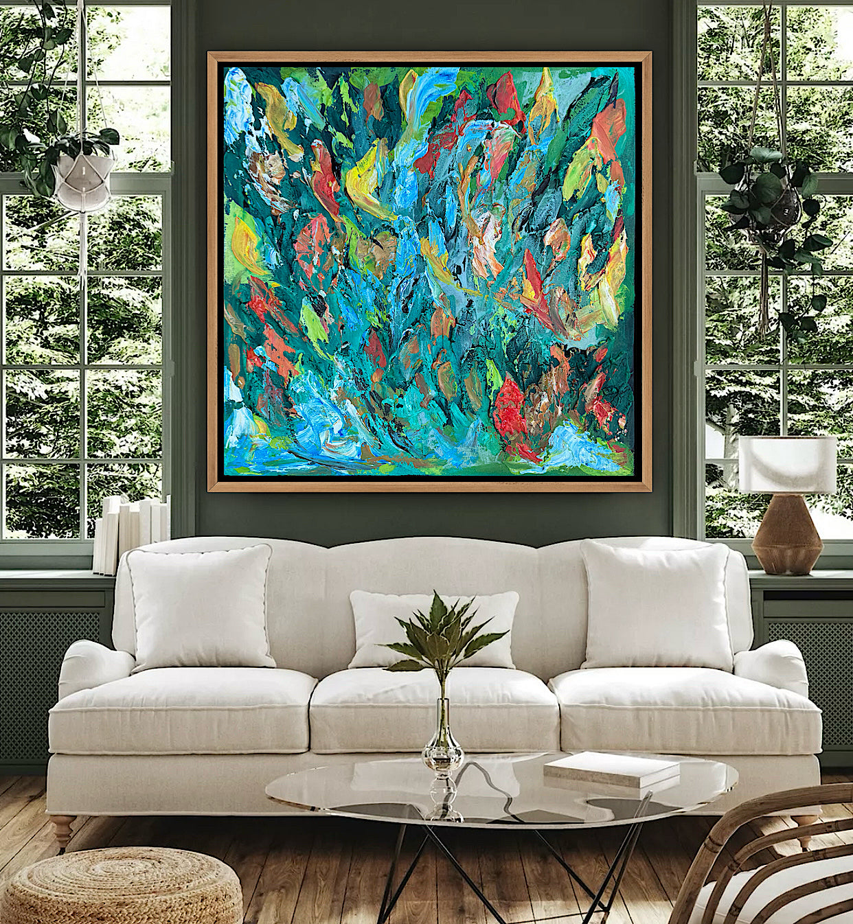 Framed in oak Original Abstract contemporary Oil Painting On Canvas 55x55cm Velvet Tides textured Oka