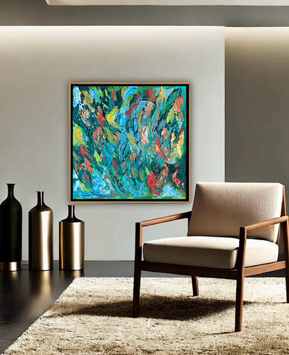 Framed in oak Original Abstract contemporary Oil Painting On Canvas 55x55cm Velvet Tides textured Oka