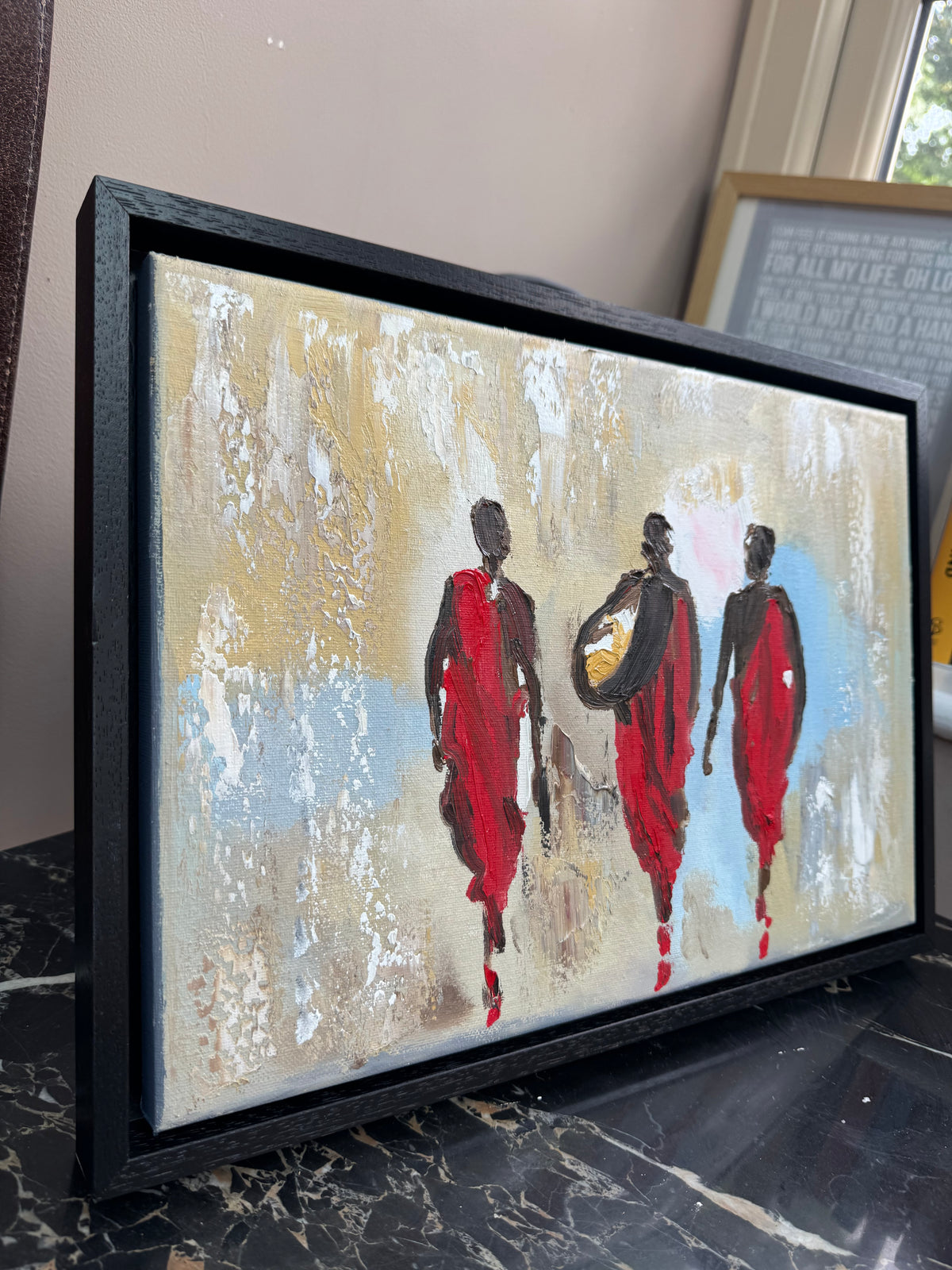 Framed in black textured Original Contemporary Abstract Oil Painting On Canvas 42x30cm Desert Walk