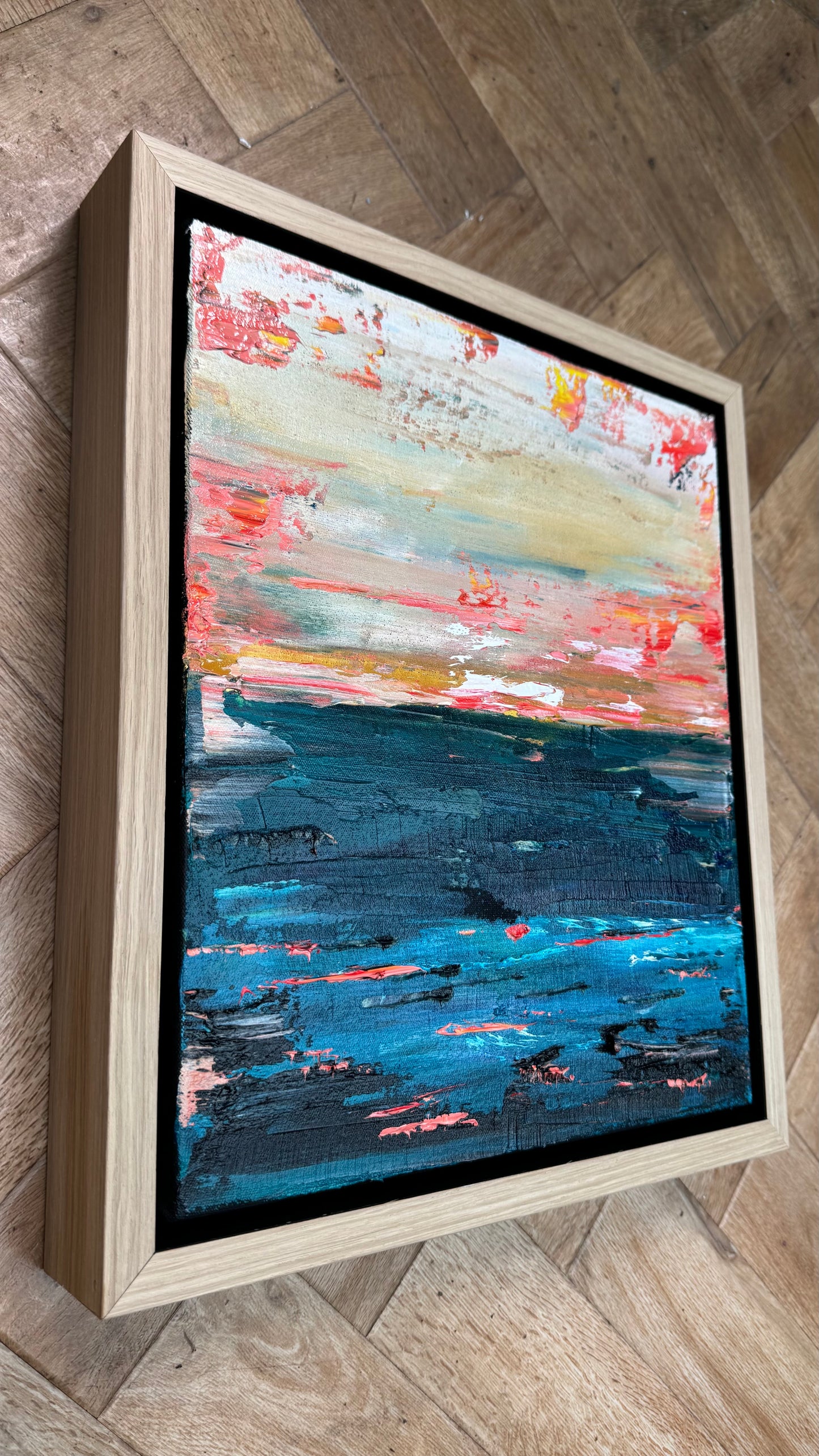 Framed in oak Original Abstract contemporary Oil Painting On Canvas 38x33cm  textured Oka Elysian Waters