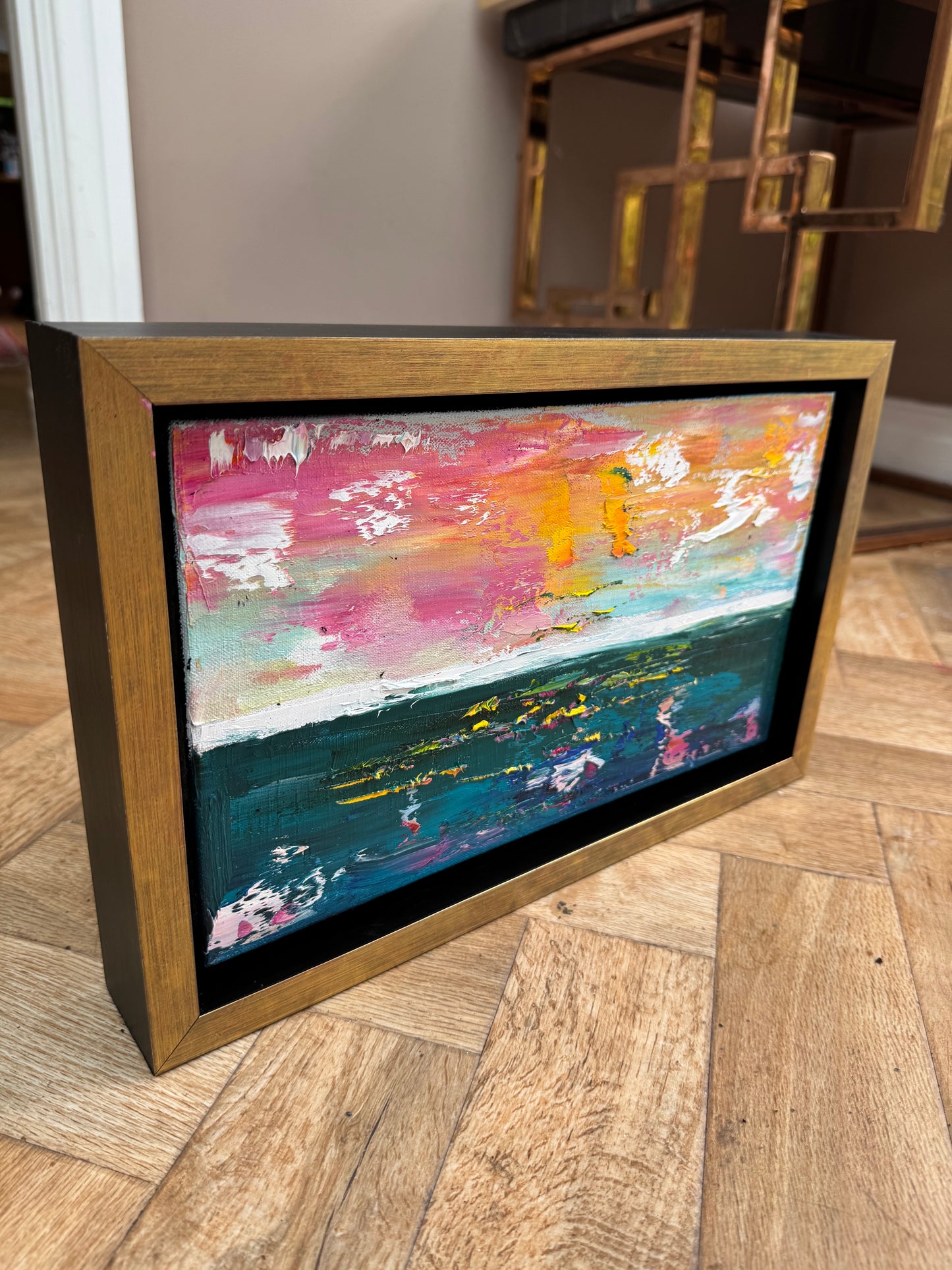 Framed in gold Original Abstract contemporary Oil Painting On Canvas 36x23cm textured Rose Gold sea