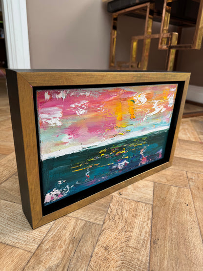 Framed in gold Original Abstract contemporary Oil Painting On Canvas 36x23cm textured Rose Gold sea