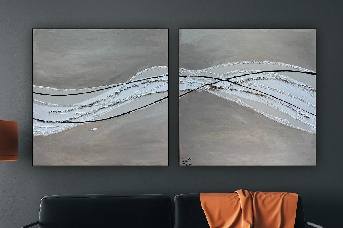 Set of 2 Modern Abstract Original Paintings On Canvas textured ‘Pebbles’  61 x 61cm each