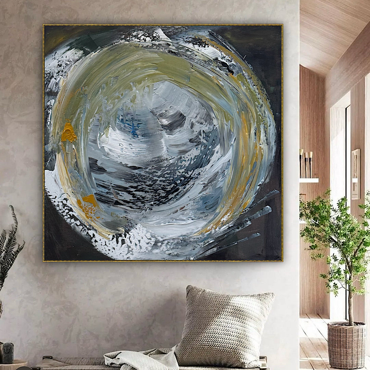 Original Abstract mixed media oil acrylic wax Painting On Canvas 50x50cm Gold & Ash Orbit oka