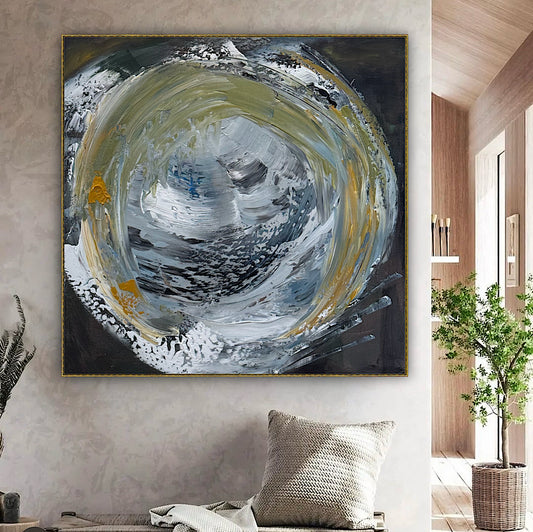 Original Abstract mixed media oil acrylic wax Painting On Canvas 50x50cm Gold & Ash Orbit oka