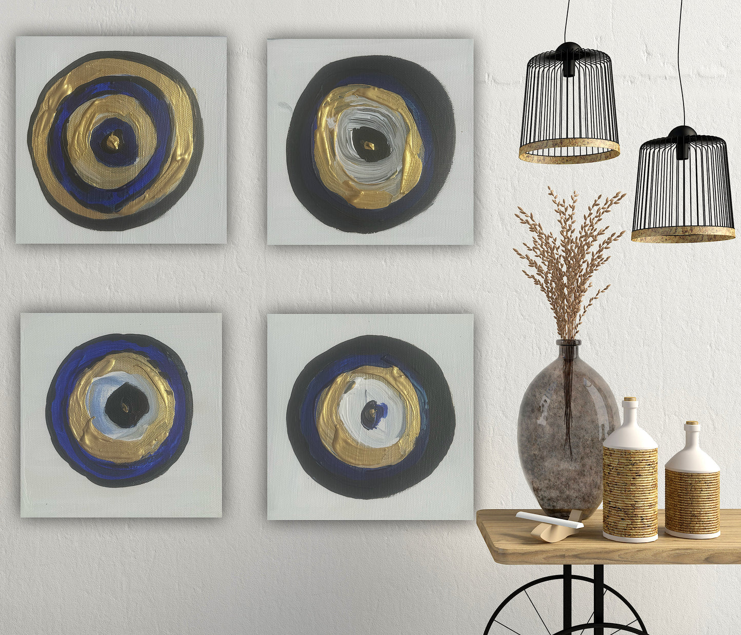 Oka set of 4 Modern Abstract Original Oil Paintings On Canvas ‘Evil Eye’  15x15cm each Nazar