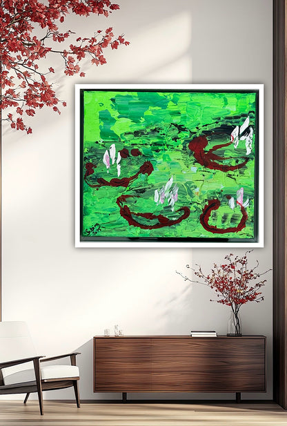 Framed Original Abstract contemporary Oil Painting On Canvas 36 x 33cm  Lily Pond oka