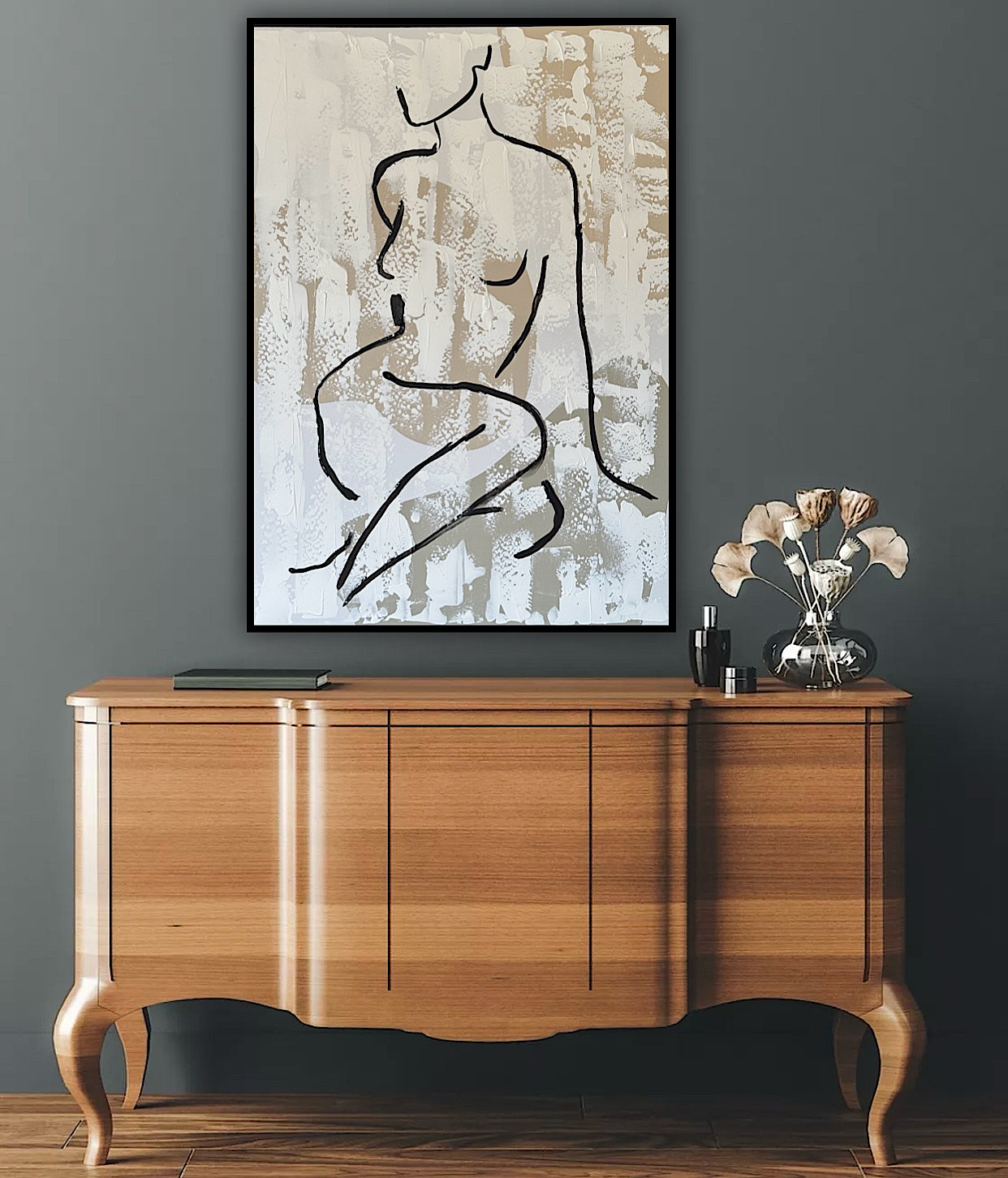 Framed in black Original Abstract contemporary Oil Painting On Canvas 70x50cm Nude textured Oka