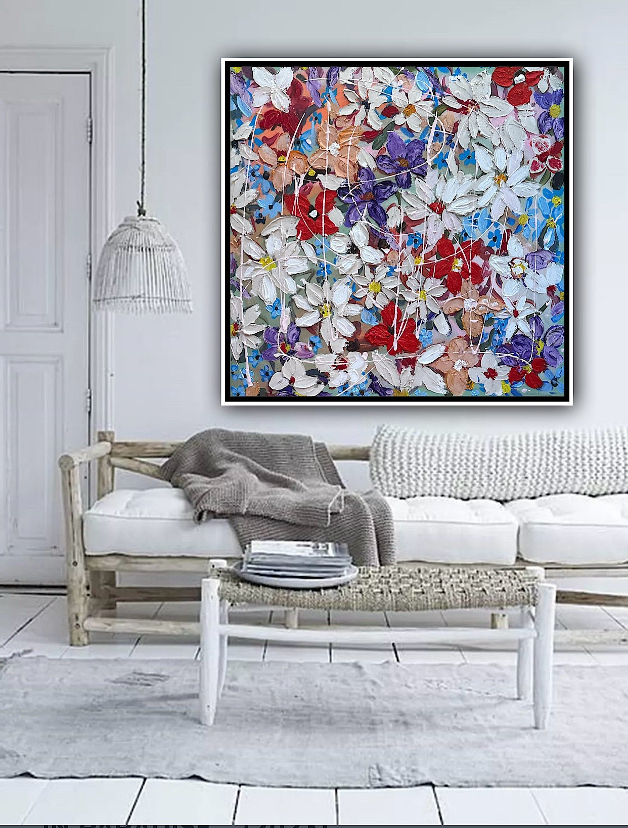 Framed Original Abstract Oil Painting On Canvas 80x80cm Roses & more Flowers Textured