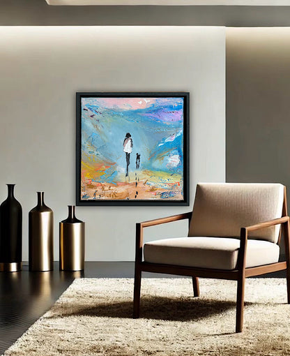 Framed in black frame Original Abstract contemporary Oil Painting On Canvas 35x35cm Woman and a dog ‘Little steps ‘