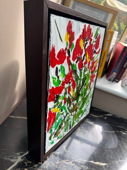 Framed Original Contemporary Abstract Oil Painting On Canvas 38 x 32cm ‘ Red Flowers