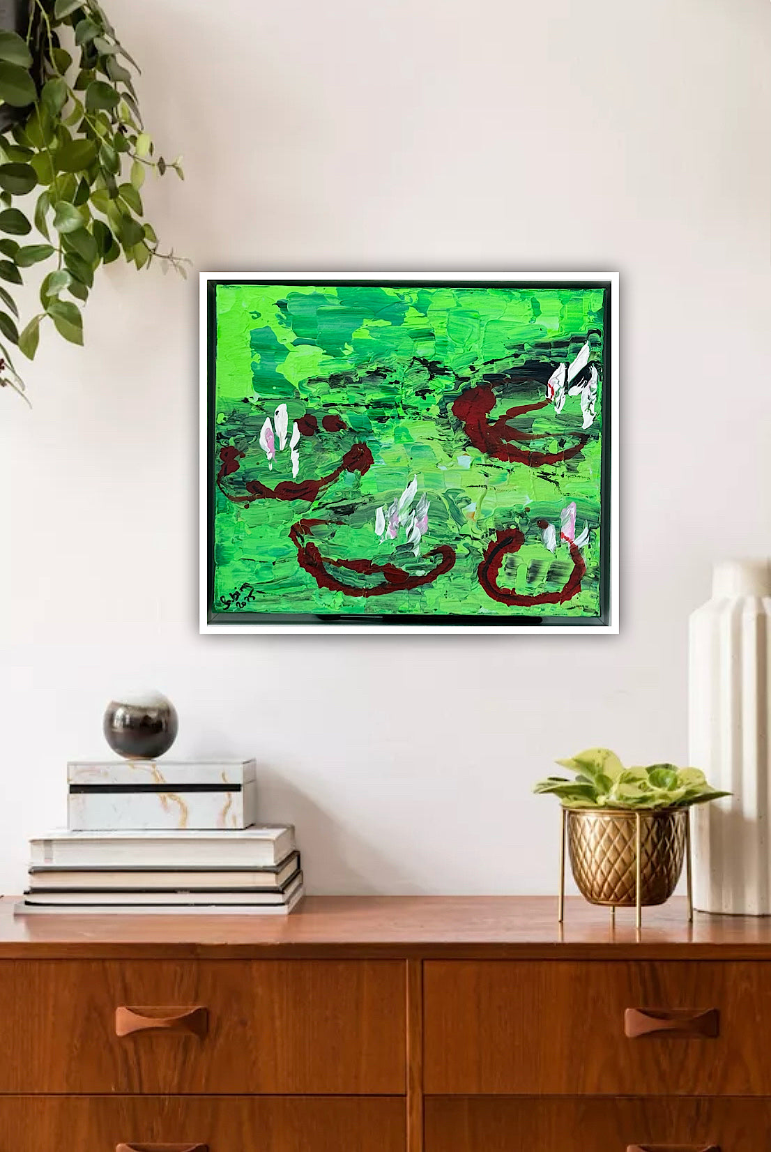 Framed Original Abstract contemporary Oil Painting On Canvas 36 x 33cm  Lily Pond oka