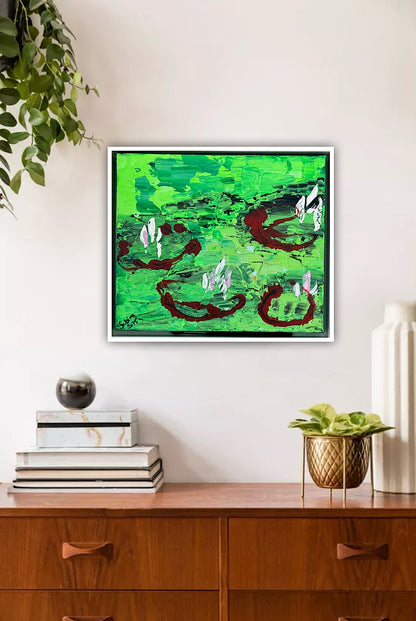 Framed Original Abstract contemporary Oil Painting On Canvas 36 x 33cm  Lily Pond oka