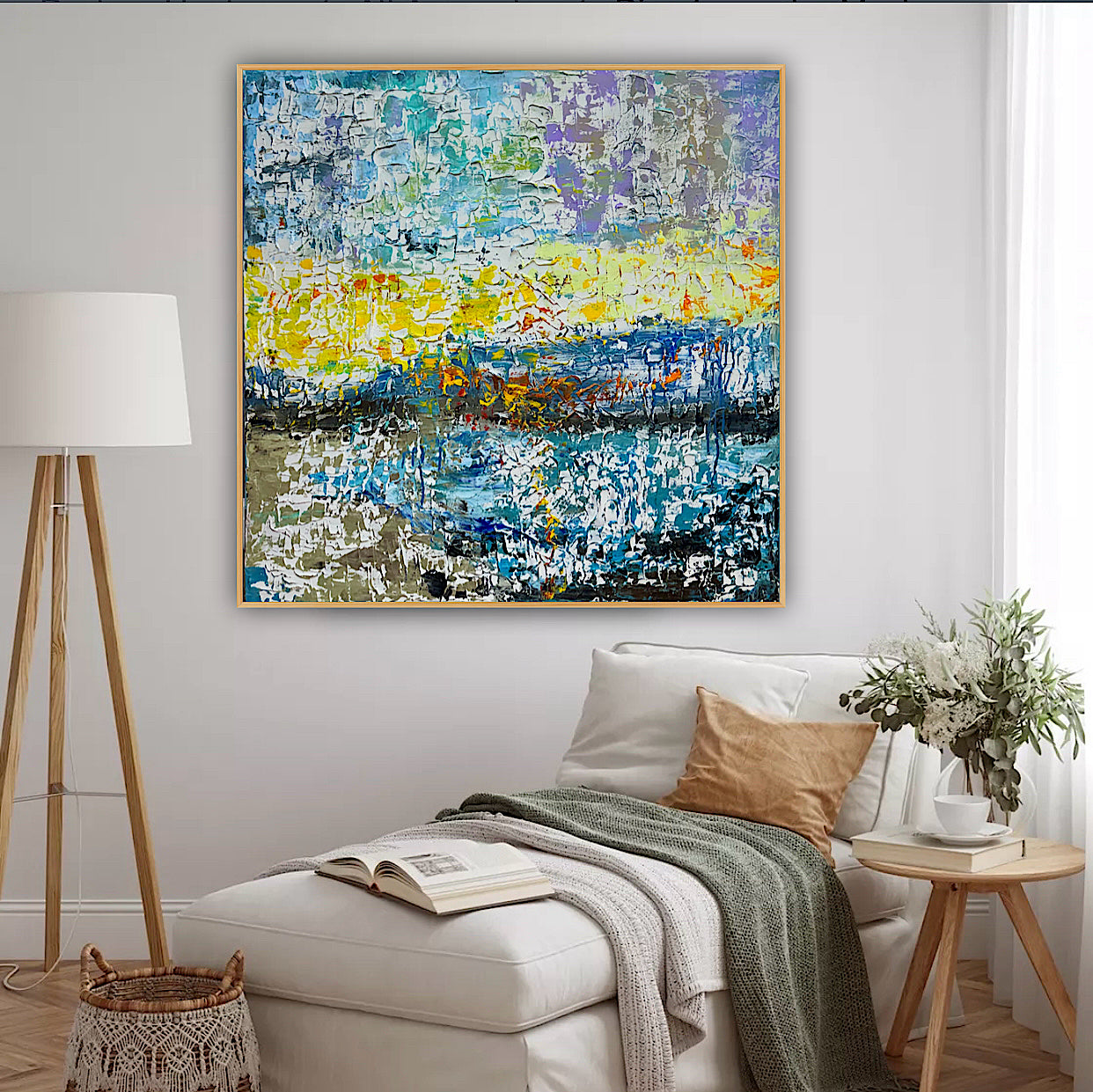 Original Abstract Oil Painting On Canvas Textured 100x100cm  Tides of Radiance (seaside)