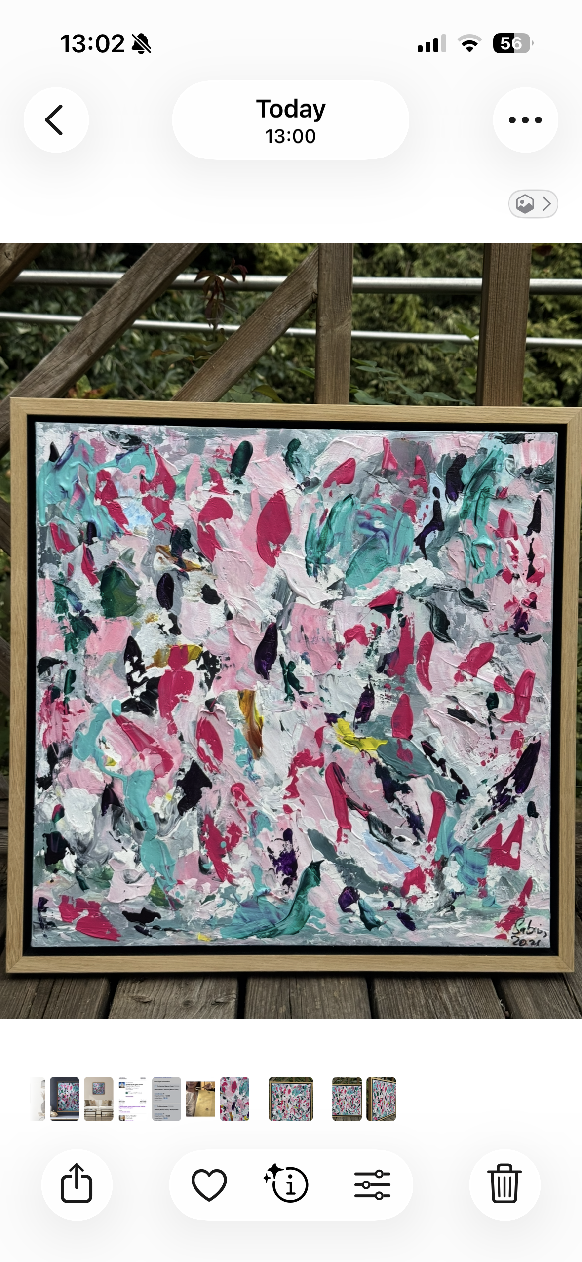 Abstract Original Oil Painting On 50x50cm canvas textured Painting ‘Summer Garden’ Oka framed in solid oak frame