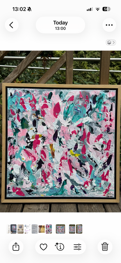 Abstract Original Oil Painting On 50x50cm canvas textured Painting ‘Summer Garden’ Oka framed in solid oak frame