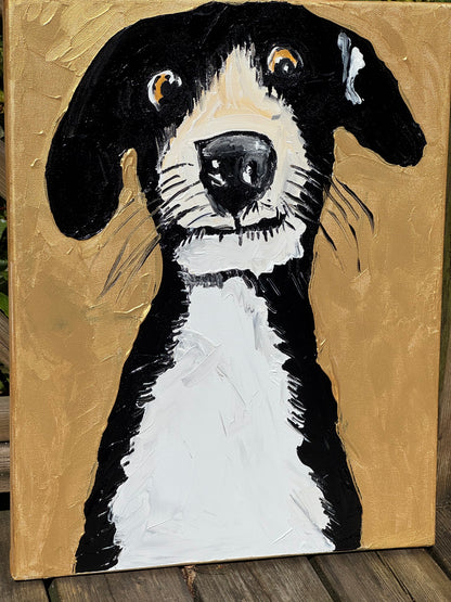 Original Abstract Oil Painting On 50 x 40cm Canvas Gold Background ‘Protector’ Dog