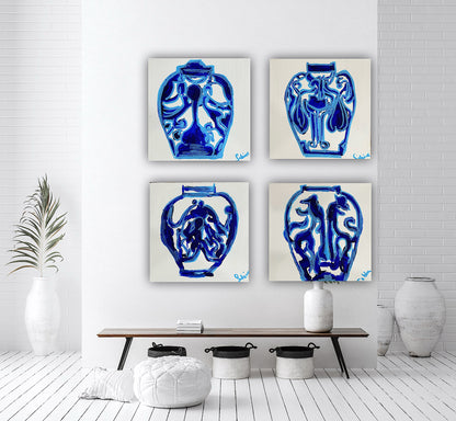 Oka set of 4 Modern Abstract Original Oil Paintings On Canvas Blue vases 15x15cm each