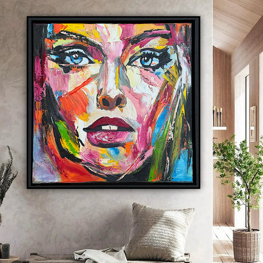Framed in black frame Original Abstract contemporary Oil Painting On Canvas 54 x 54cm Wild Muse woman portrait