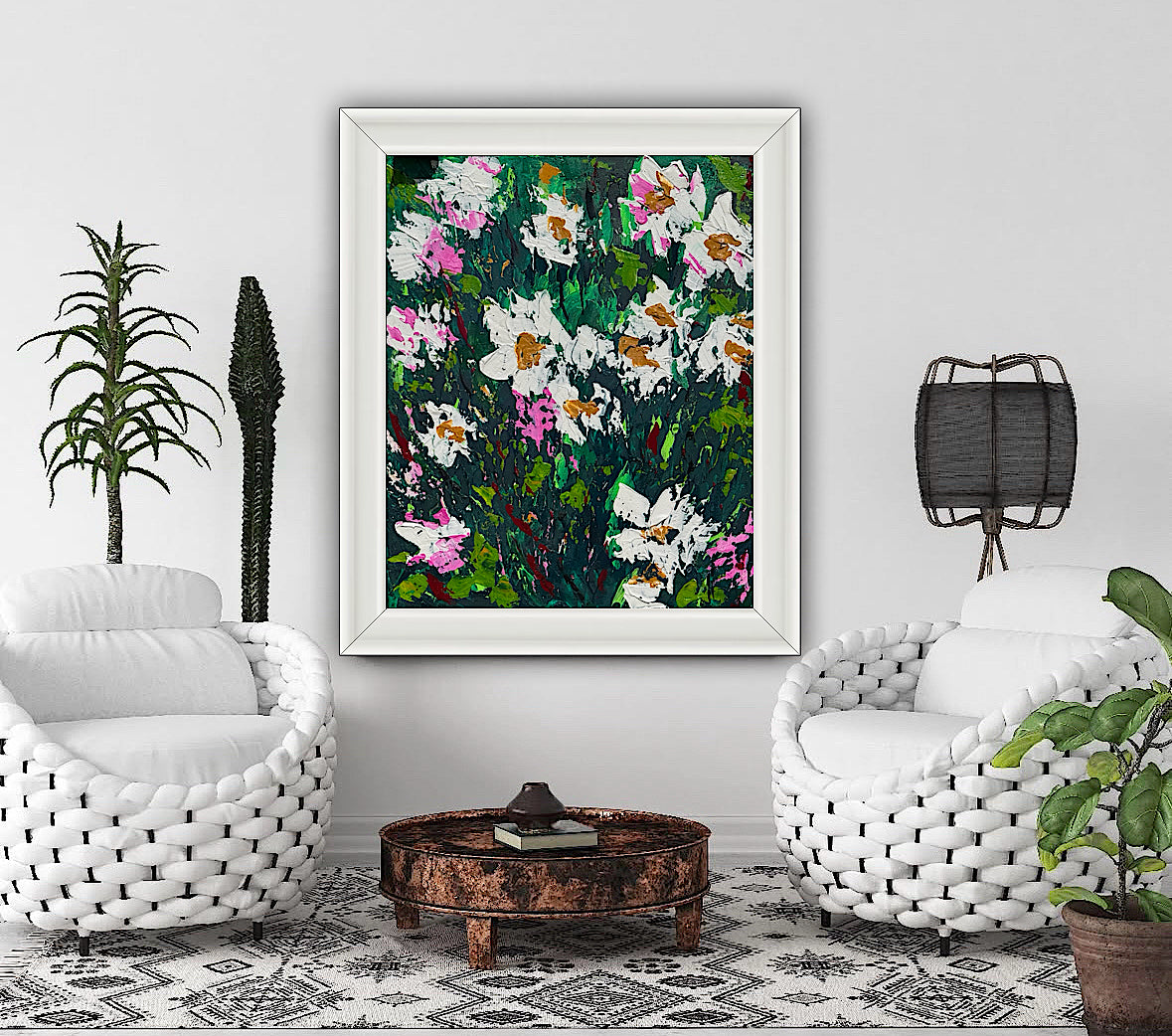 Original Abstract Oil Painting On Canvas board 60 x 50cm garden white flowers I Oka