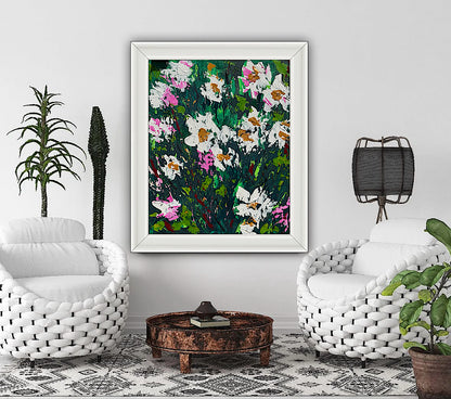Original Abstract Oil Painting On Canvas board 60 x 50cm garden white flowers I Oka