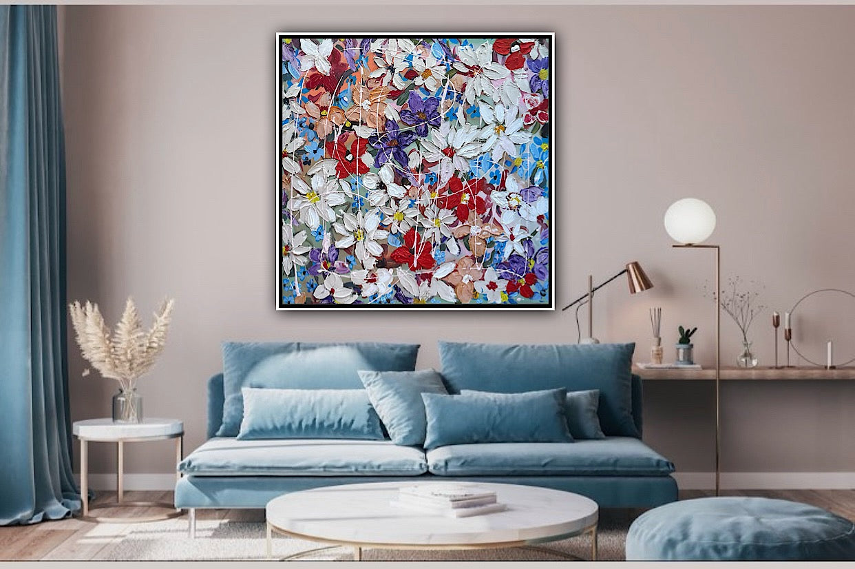 Framed Original Abstract Oil Painting On Canvas 80x80cm Roses & more Flowers Textured