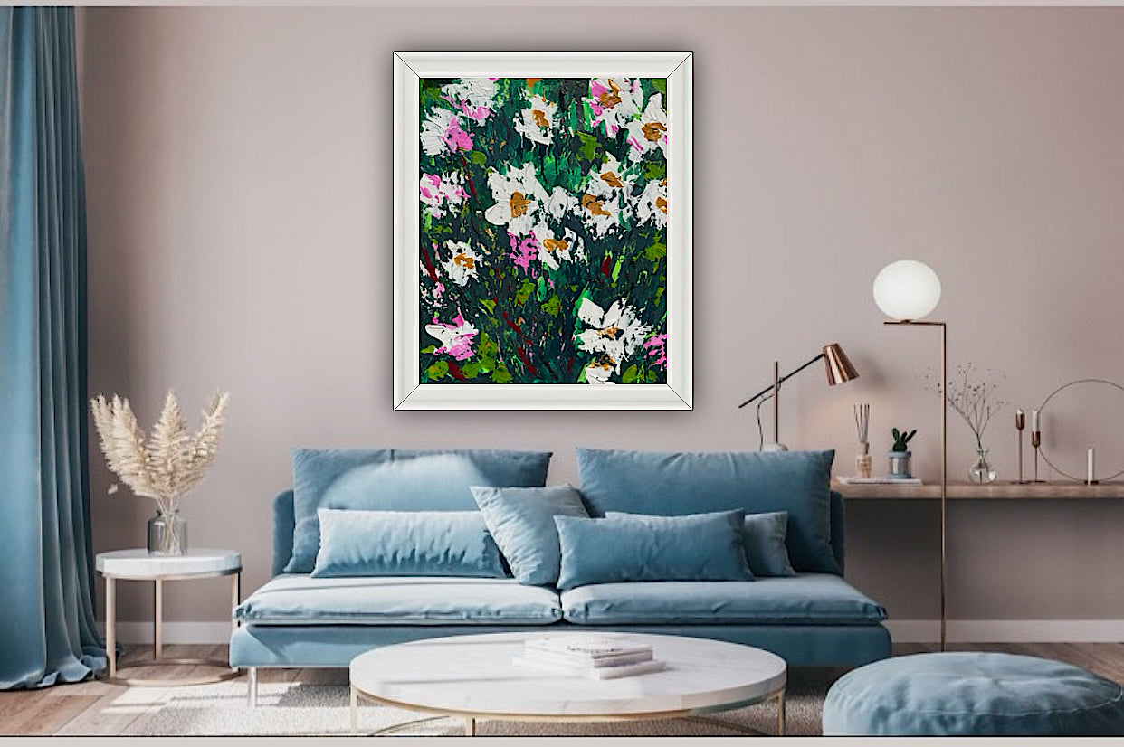 Original Abstract Oil Painting On Canvas board 60 x 50cm garden white flowers I Oka