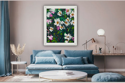 Original Abstract Oil Painting On Canvas board 60 x 50cm garden white flowers I Oka