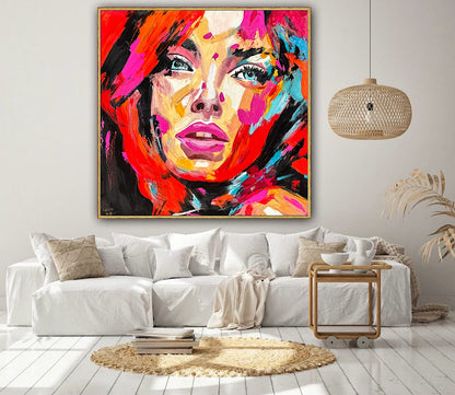 Richter Style Abstract Original Oil Painting On 100 x 100cm canvas Red head  woman portrait