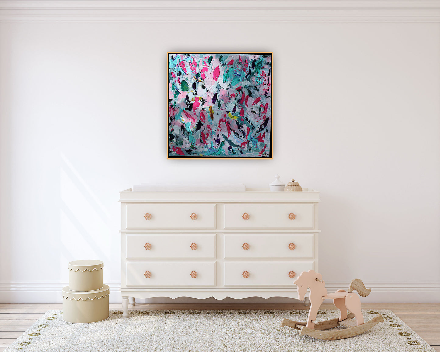 Abstract Original Oil Painting On 50x50cm canvas textured Painting ‘Summer Garden’ Oka framed in solid oak frame