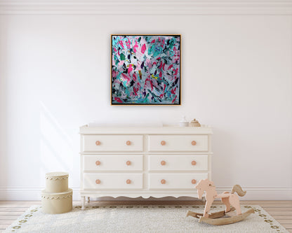 Abstract Original Oil Painting On 50x50cm canvas textured Painting ‘Summer Garden’ Oka framed in solid oak frame