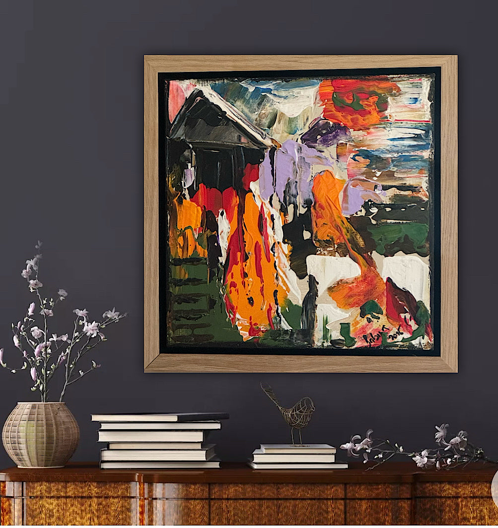 Framed Original Abstract contemporary Oil Painting On Canvas 30 x 30cm House on a Hill Oka