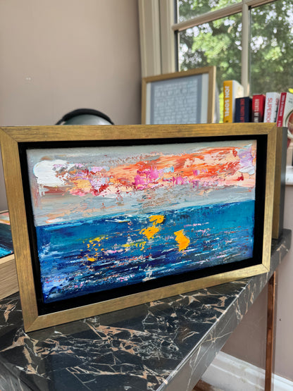 Framed in gold Original Abstract contemporary Oil Painting On Canvas 36x23cm textured Golden Tide